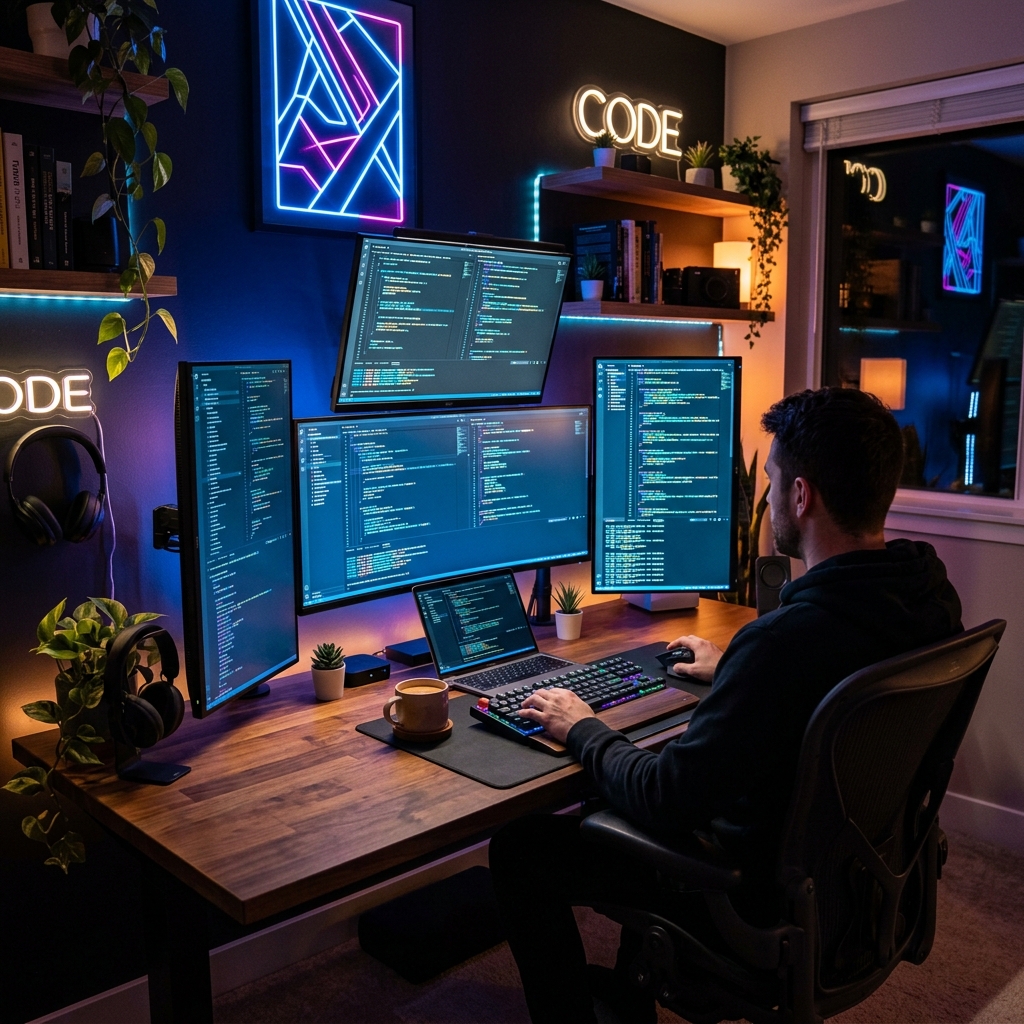 Software developer coding workspace